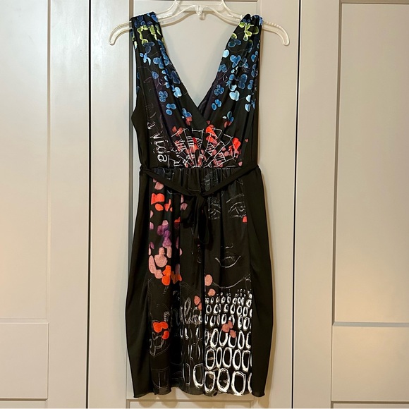 Desigual Dresses & Skirts - Desigual Faux Wrap Graffiti Mini Dress Mesh Overlay Belt Black Womens Size Large